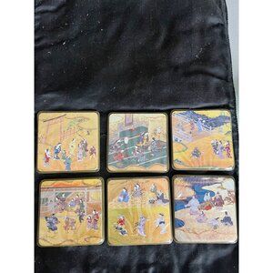 Set Of 6 Japanese Art Coasters With Edo-Style Scenes Square Design Glossy Finish